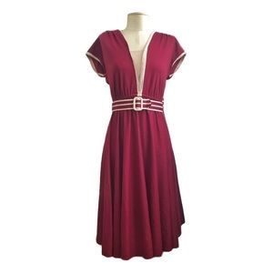 Vintage 1970s Handmade Midi Wine Red Elastic Waist Belted Day Dress Size S/M